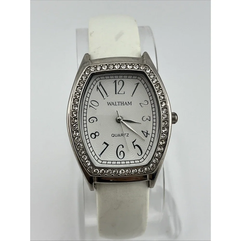 Waltham Watch Women 30mm Silver Case Crystal Bezel White Bangle Band New Battery